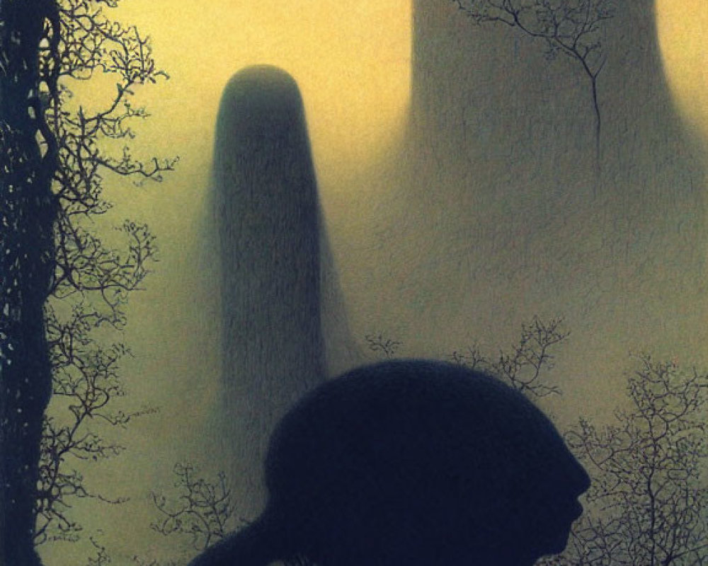 Surreal artwork: Figure under giant mushroom cap in misty forest