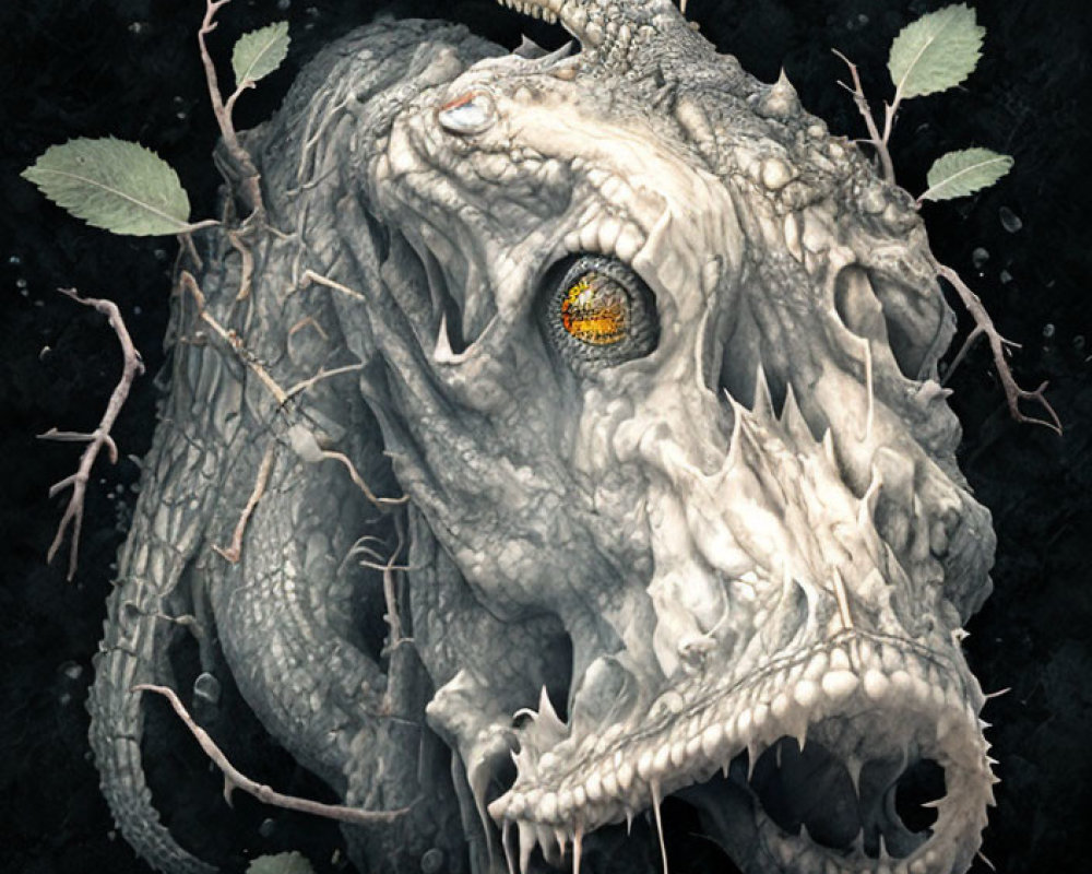 Detailed Fantasy Dragon Head Illustration with Textured Skin and Golden Eye