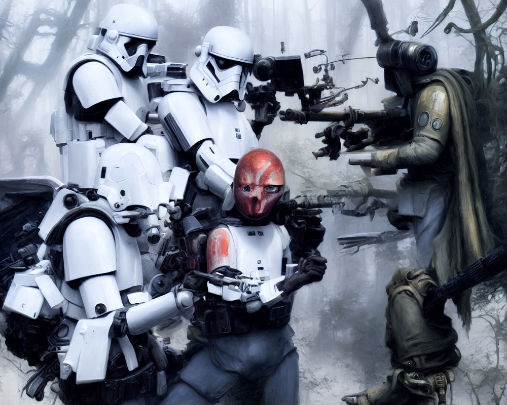 Futuristic stormtroopers capture red-faced alien in misty forest