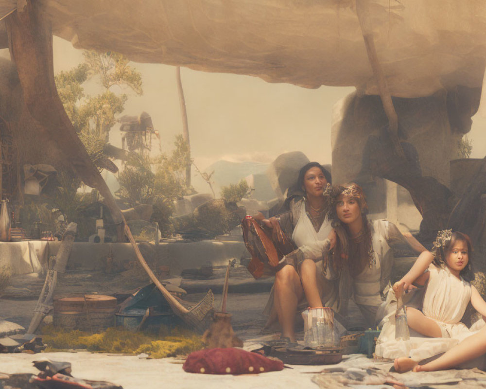 Post-Apocalyptic Scene: Three Figures, Makeshift Shelters, Hazy Sky