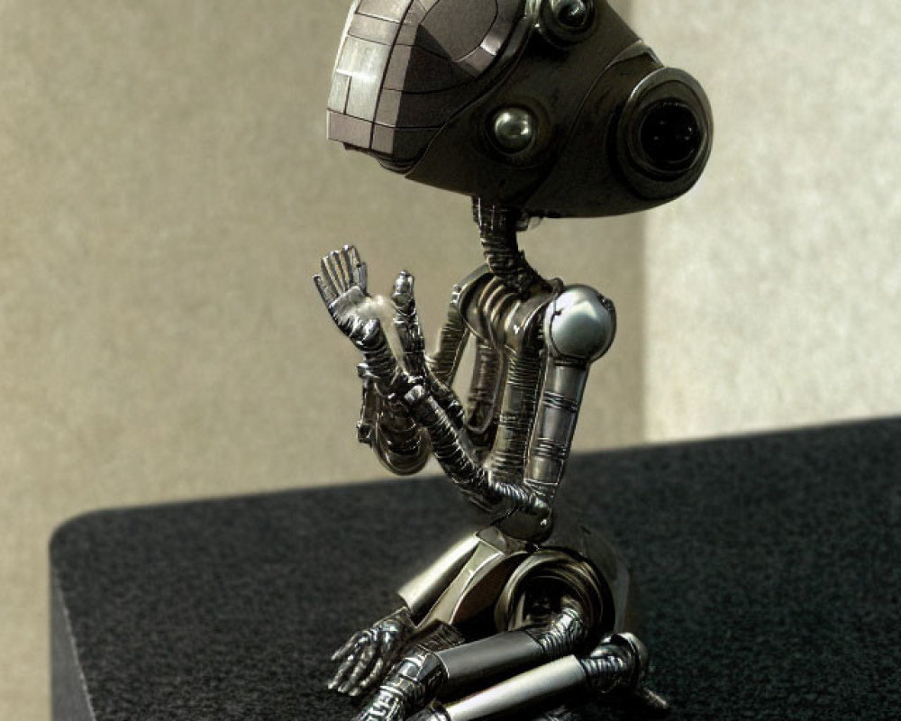 Robotic Figure with Segmented Head and Metallic Body sitting on a box