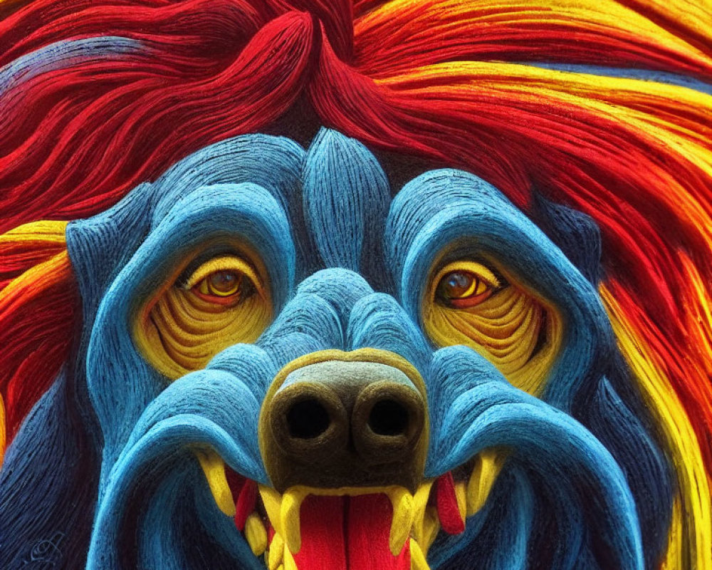 Colorful lion's face with red and yellow mane and blue features