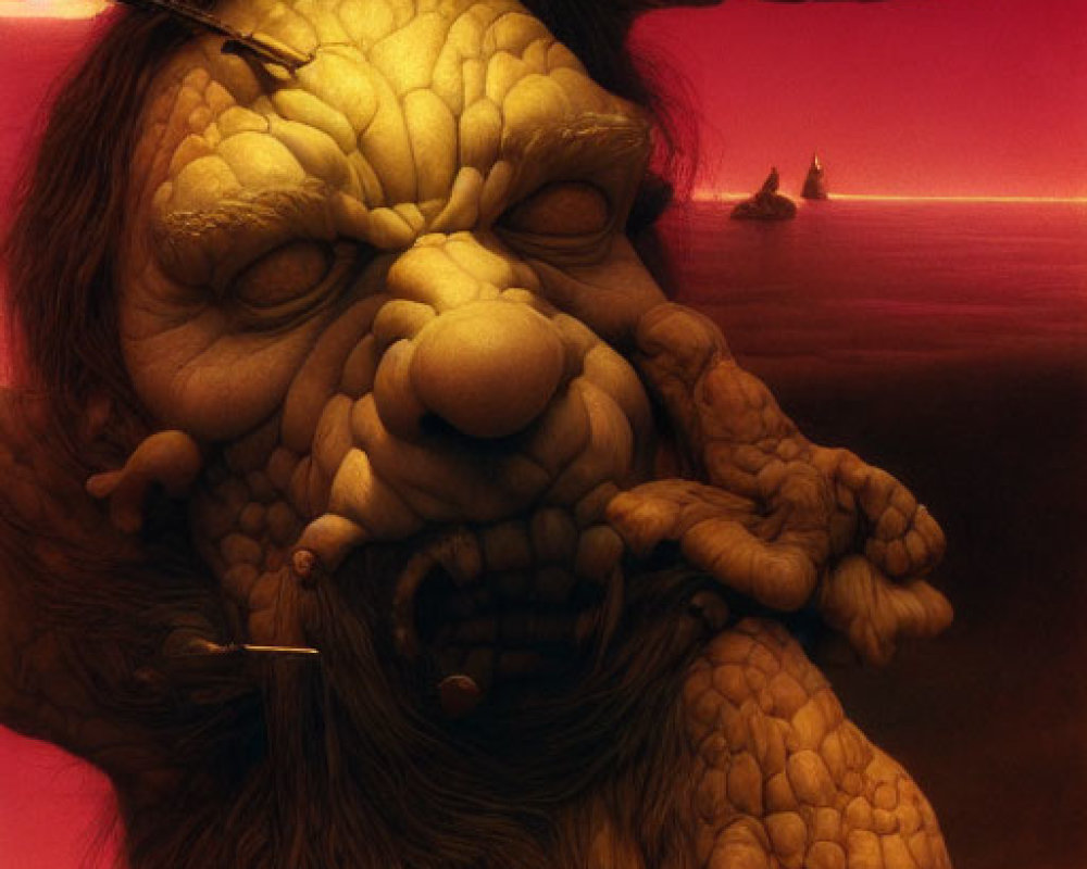 Grotesque creature with yellow eyes in red sky scenery