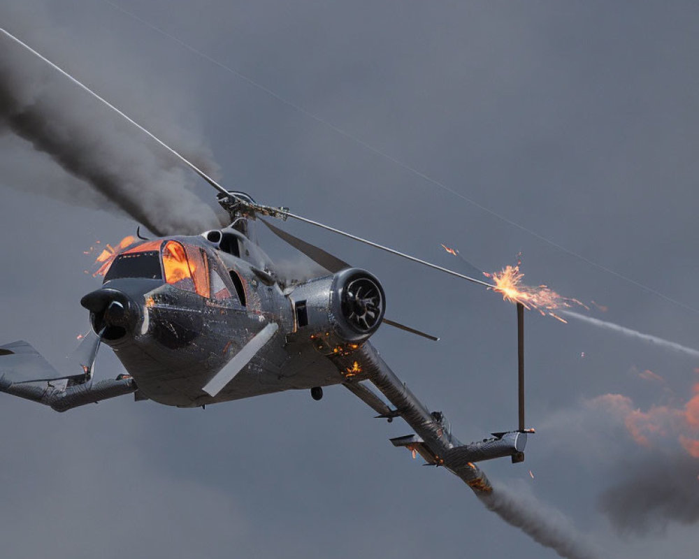 Military helicopter firing flares overcast sky at dusk