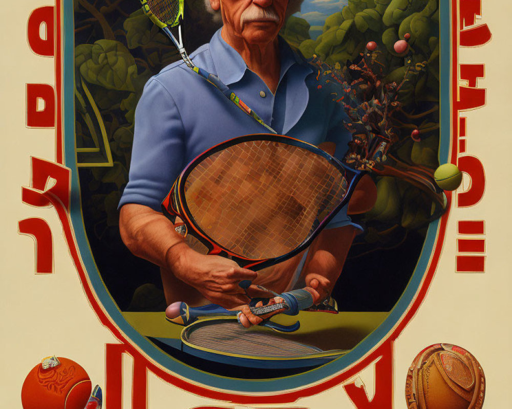 Hyperrealistic painting of elderly woman with tennis racket and balls in surreal setting.