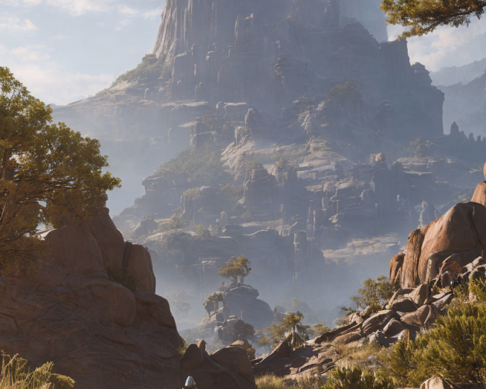 Astronaut exploring rocky alien landscape with cliffs and mountain under hazy sky