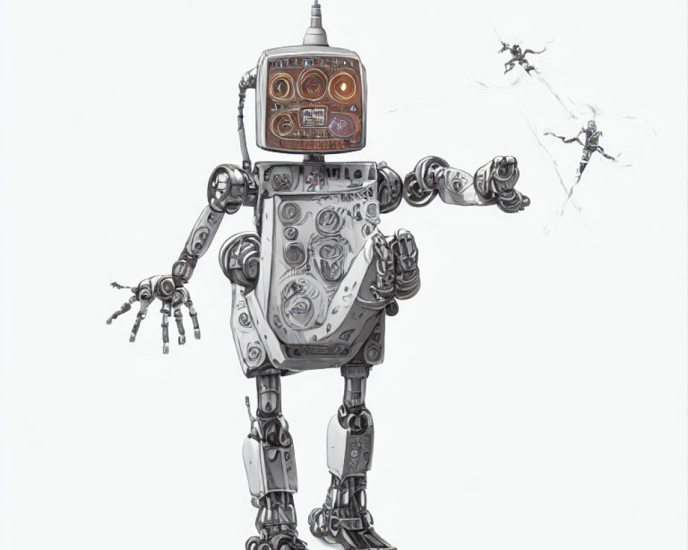 Vintage-style robot illustration with boxy upper body, radio-head, dangling arms, and floating appearance.