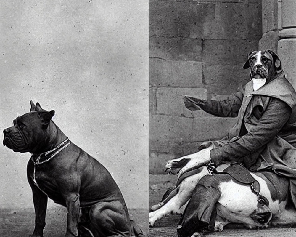 Split black and white photo: dog with chain collar on left, dressed dog next to person on right