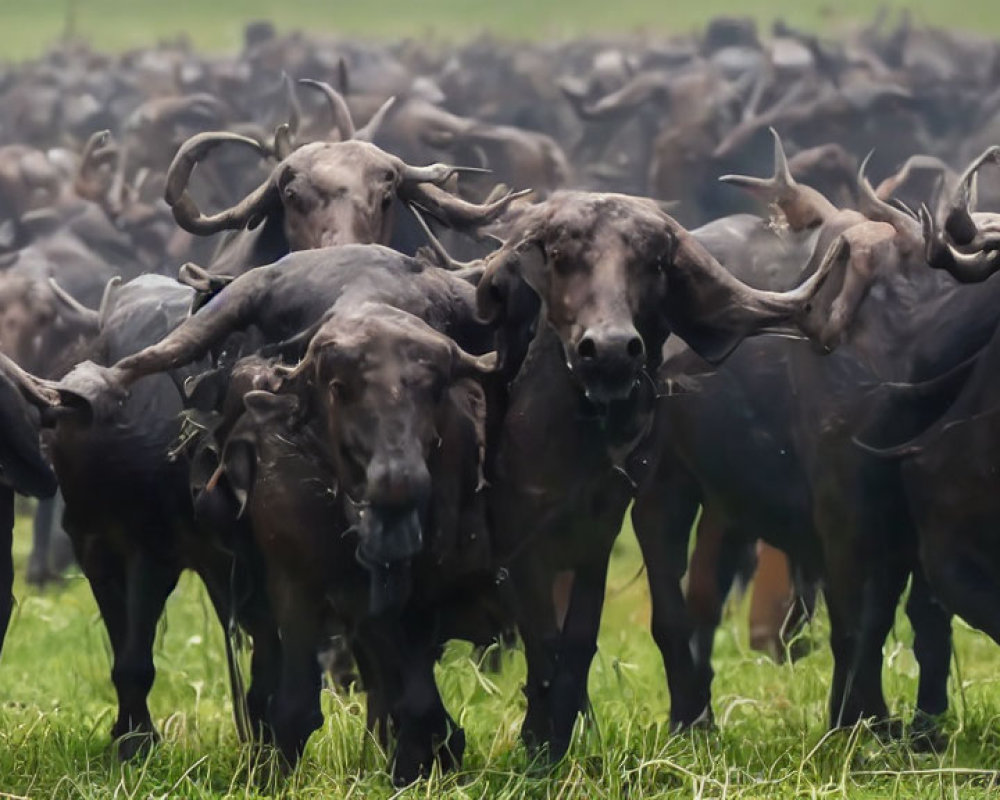 Herd of Buffaloes Running Across Grassy Field