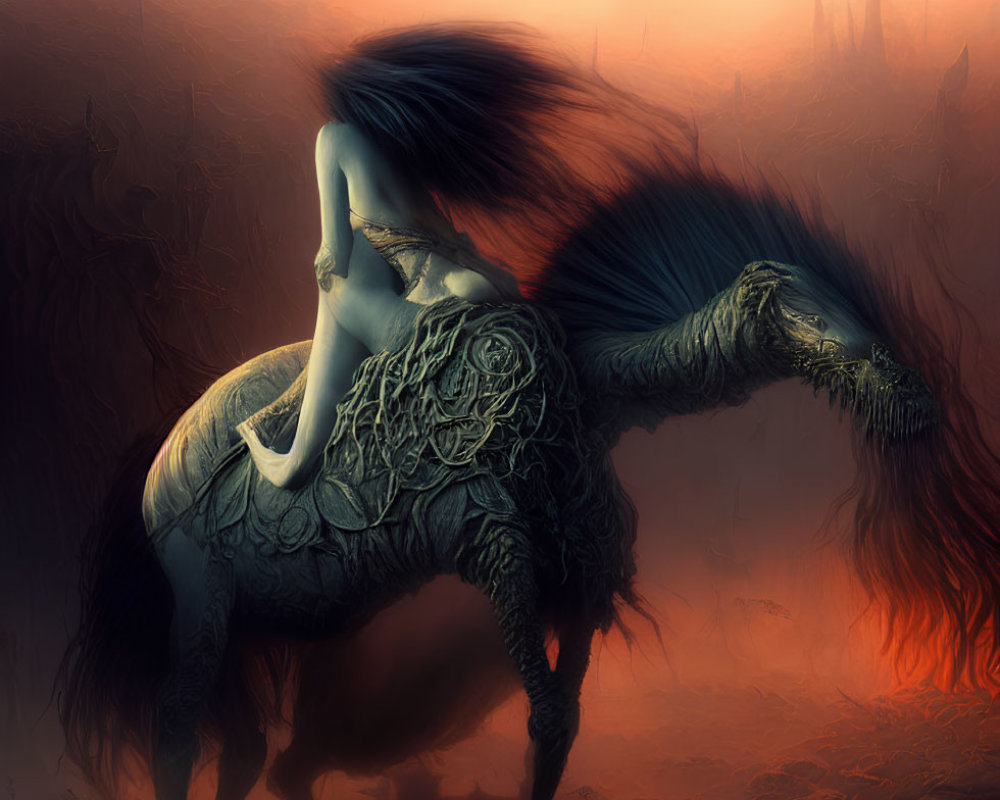 Surreal image: Woman merged with horse, intricate designs, misty orange background