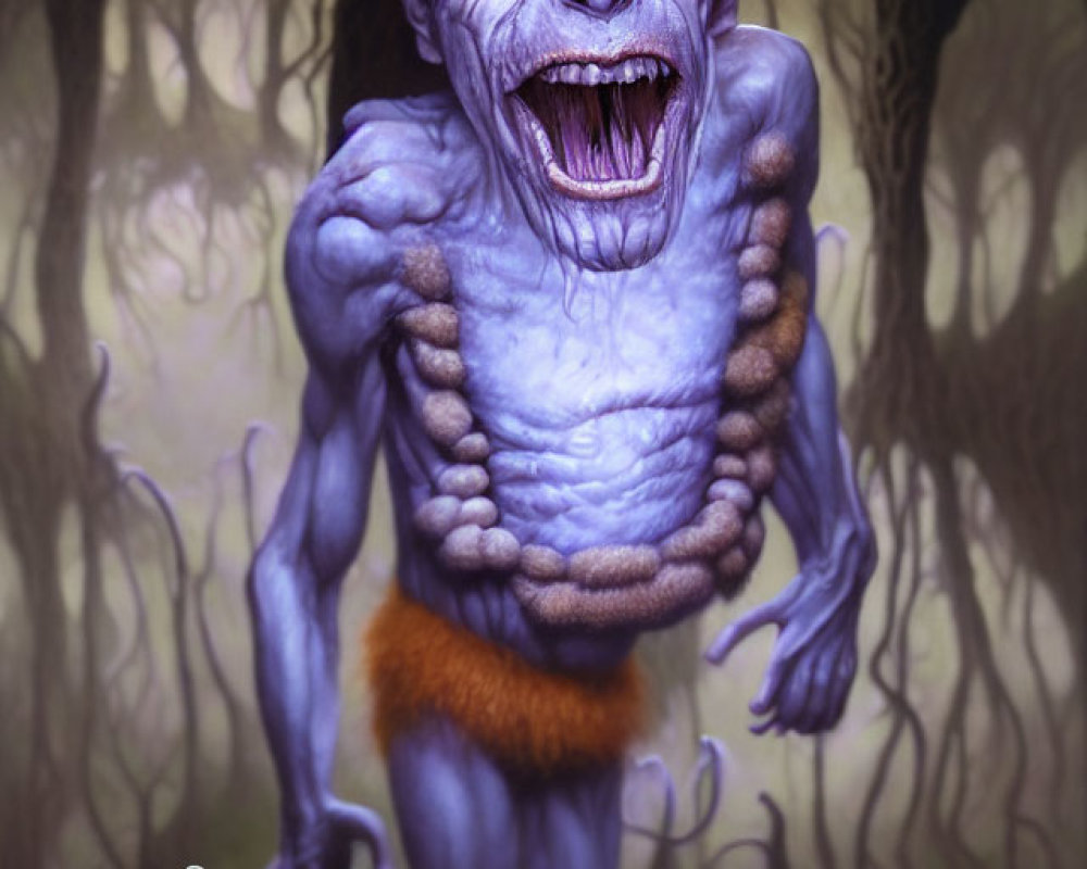 Blue creature with oversized head and pointed ears in orange attire roaring in dark forest.