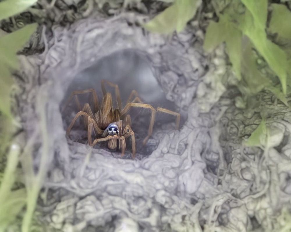 Brown-legged spider emerges from silk-lined burrow in green foliage