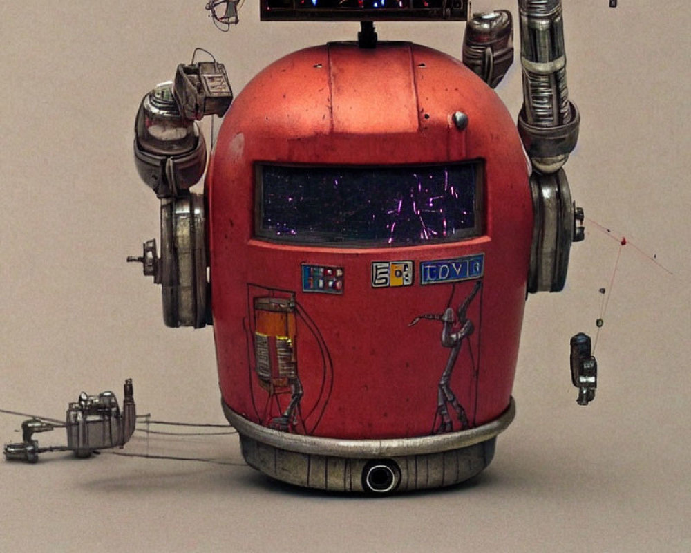 Vintage Robot with Large Red Head and Articulated Arms on Plain Background