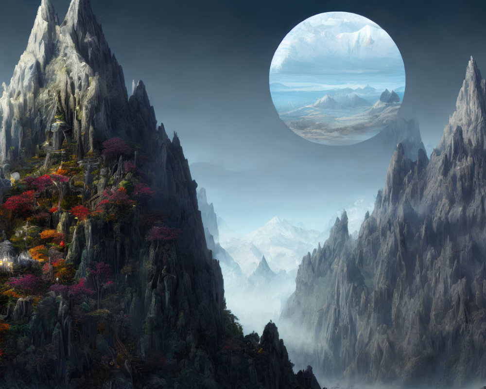 Mystical mountain landscape with illuminated settlements, vibrant trees, fog, and a large moon.