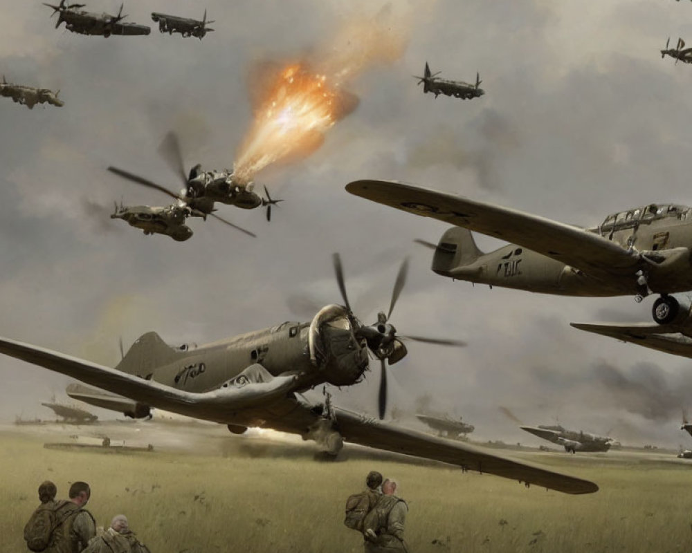 Aerial combat scene during World War II with burning aircraft and soldiers on ground in bleak landscape