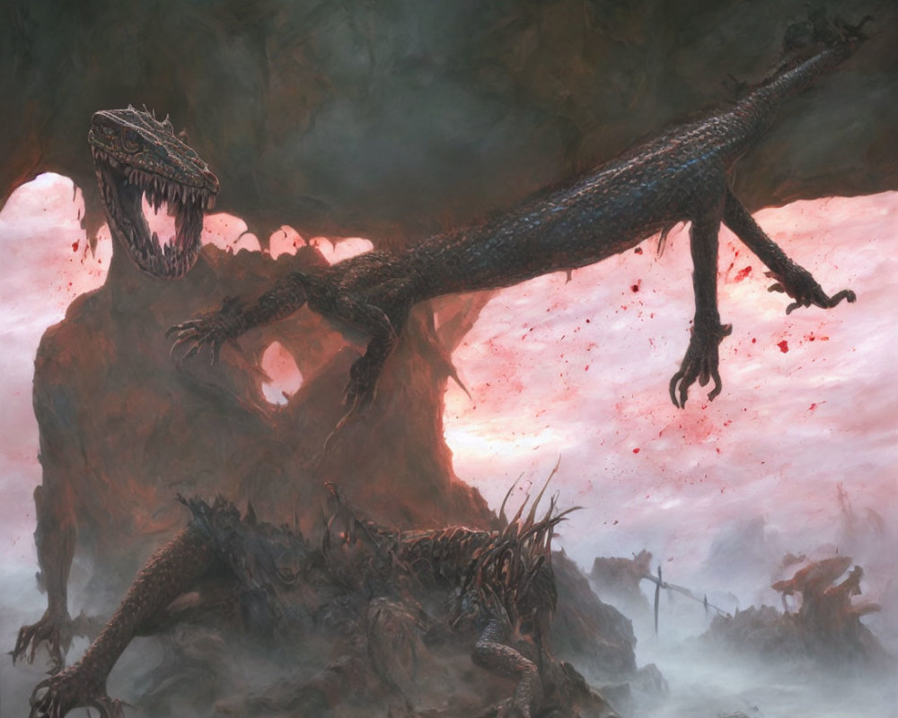 Majestic dragon on debris mound in misty red ambiance