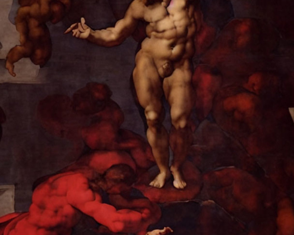 Renaissance painting with nude figures in reddish tones