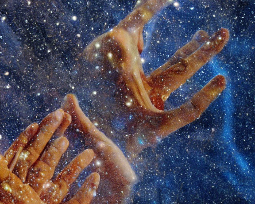 Transparent Hands Reaching in Cosmic Starry Scene