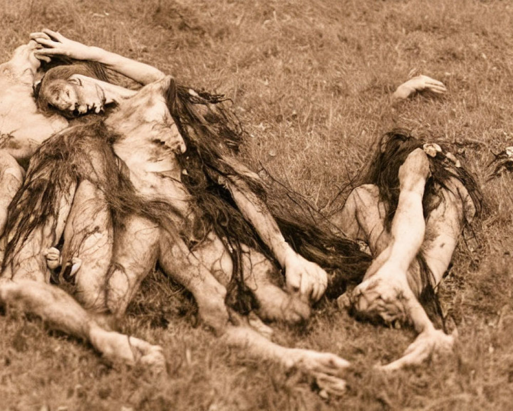 Sepia-Toned Photograph: Two Individuals with Long Flowing Hair in Dramatic Pose