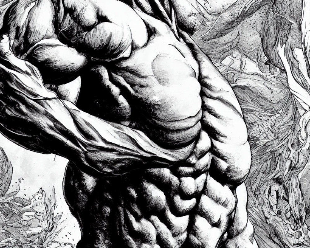 Detailed Monochrome Artwork of Muscular Torso with Exaggerated Anatomy