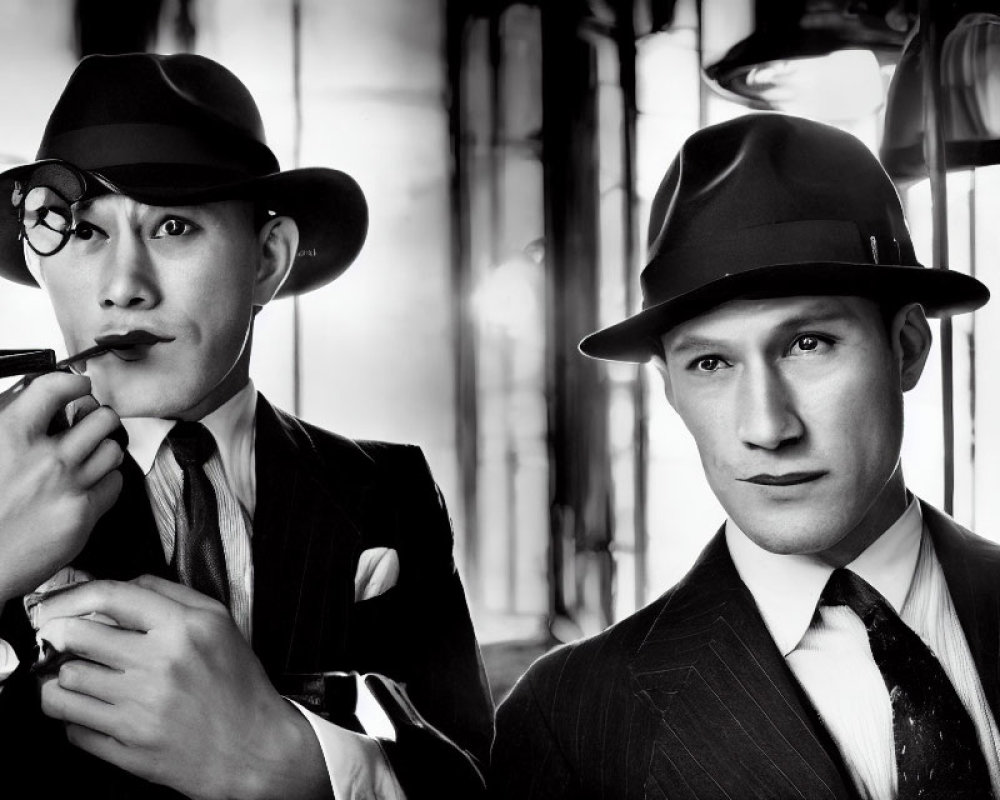 Vintage film-noir photo of two men in suits and fedoras