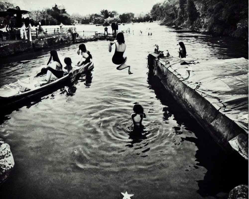 Monochrome image of people by tranquil river with trees and star emblem