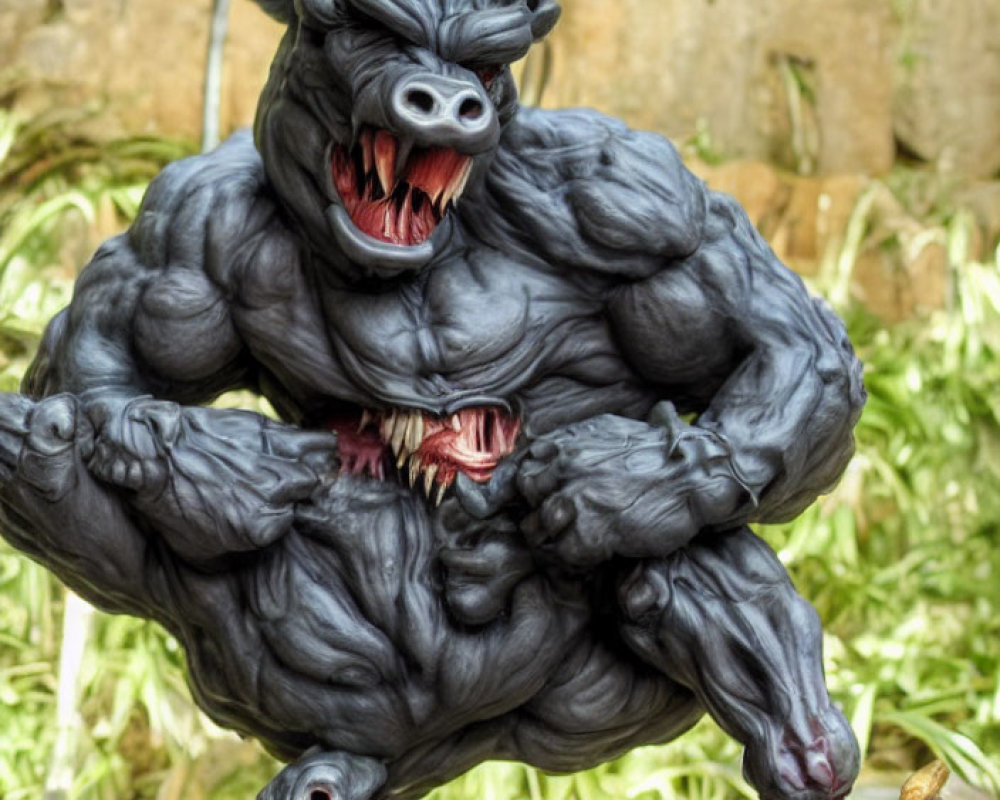 Fantasy creature statue with bull and monster heads, exaggerated muscles.