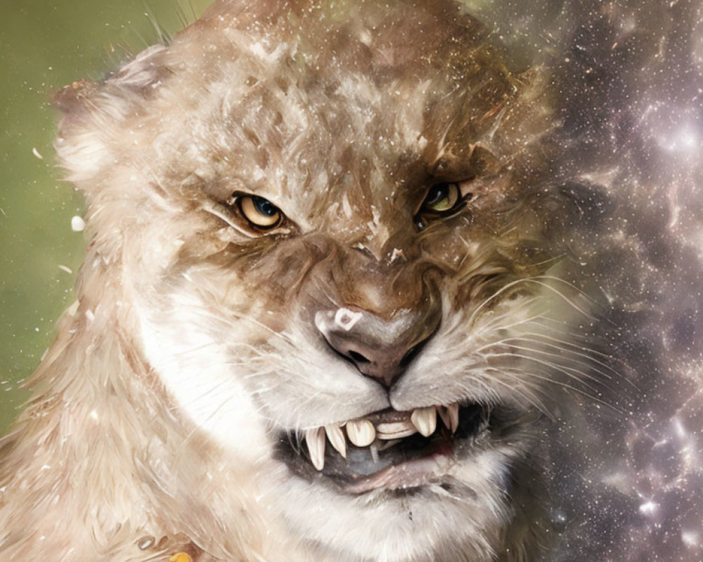 Lion's face against cosmic backdrop with dust and snow speckles