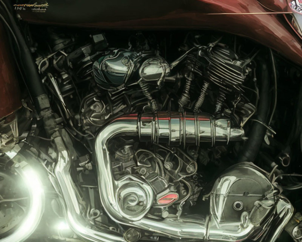 Detailed Close-Up of Chrome Motorcycle Engine Under Maroon Gas Tank