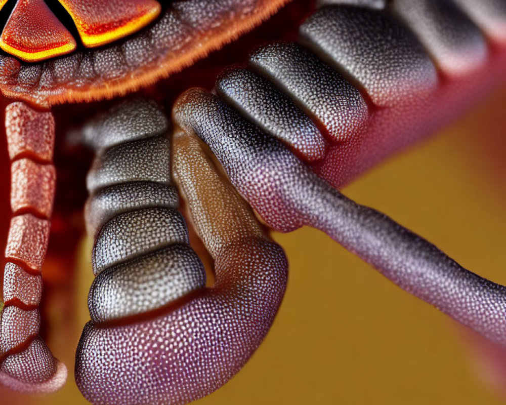 Detailed Close-Up of Insect Leg Joint with Orange, Purple, and Gray Textured Exoskeleton