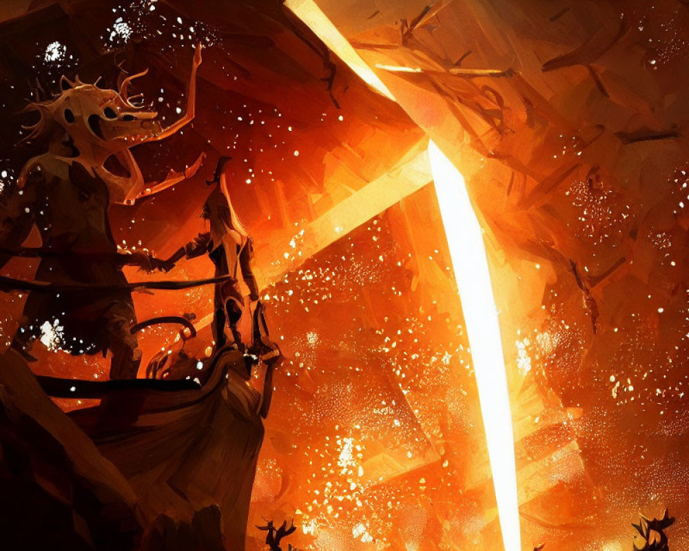 Warrior and dragon in fiery fantasy battle with glowing sword