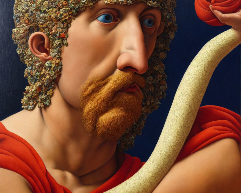 Hyper-realistic painting: Bearded man with laurel wreath and serpent staff