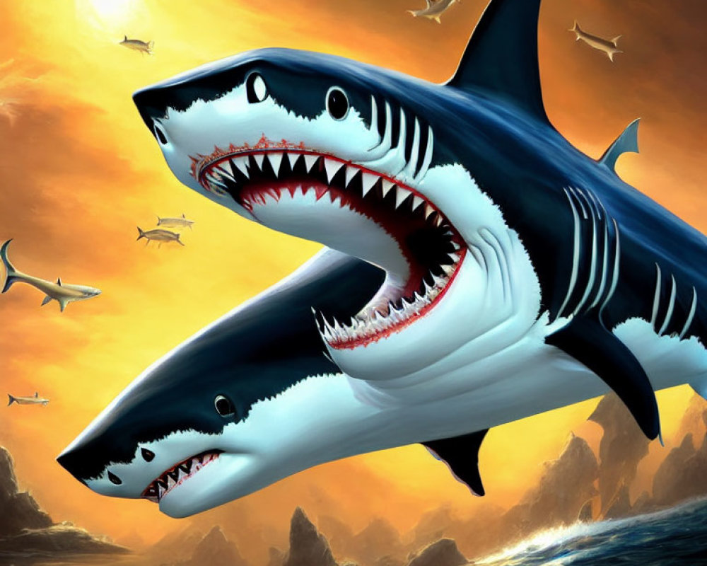 Large shark with open mouth in digital artwork against sunset backdrop