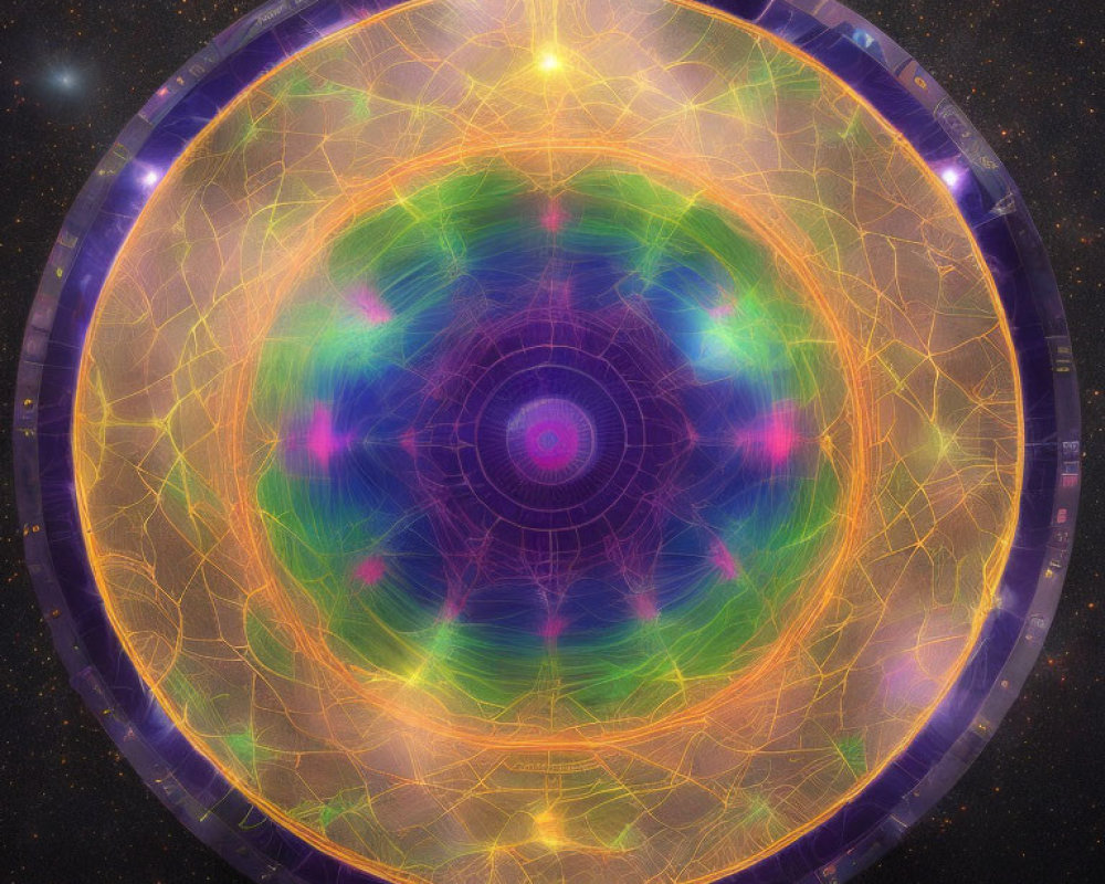 Circular fractal pattern with purple, green, and yellow hues on starry background