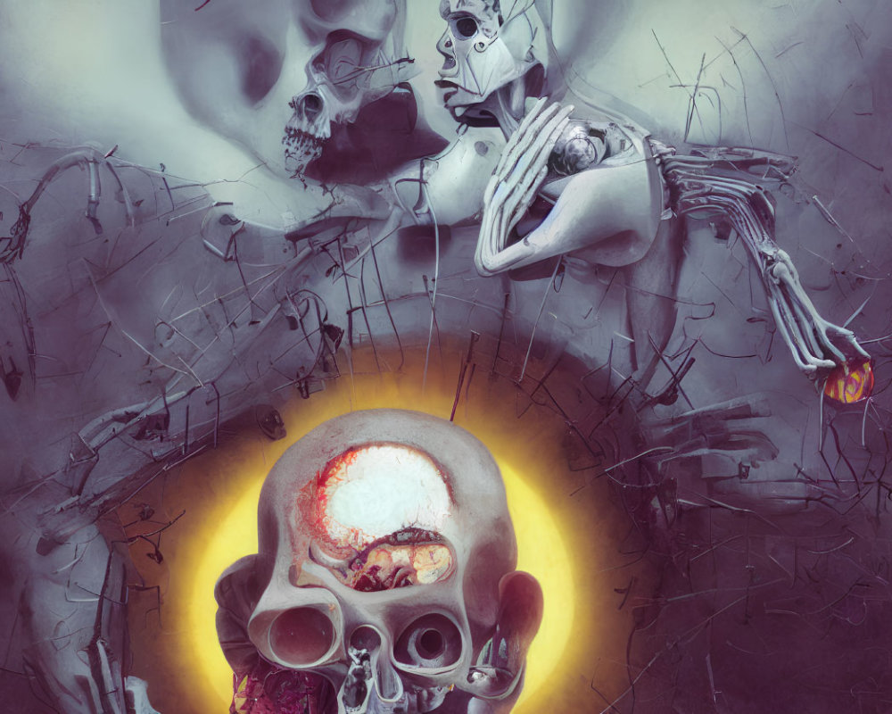 Macabre artwork with large skull, smaller skulls, and skeletal figure in surreal setting