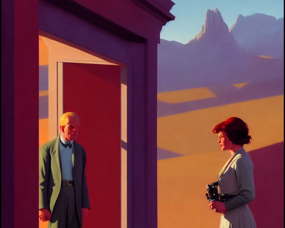 Bald man in suit meets woman with camera in desert landscape