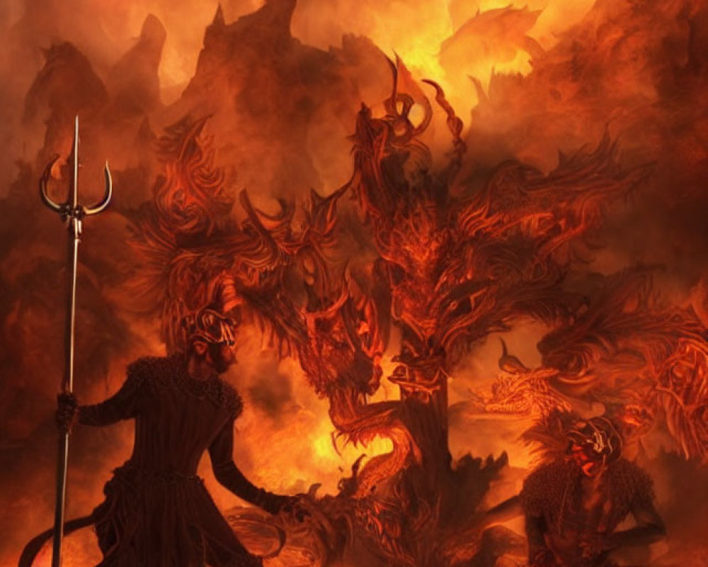 Fantasy scene with demonic figures and fiery backgrounds, central character holding trident surrounded by infernal creatures