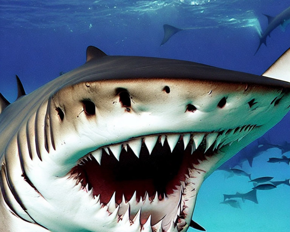 Shark with open jaws surrounded by others in blue ocean