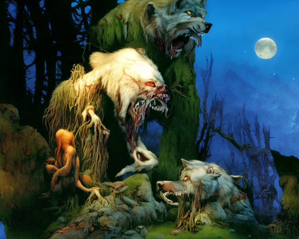 Menacing wolves with ghostly fur in dark forest under full moon