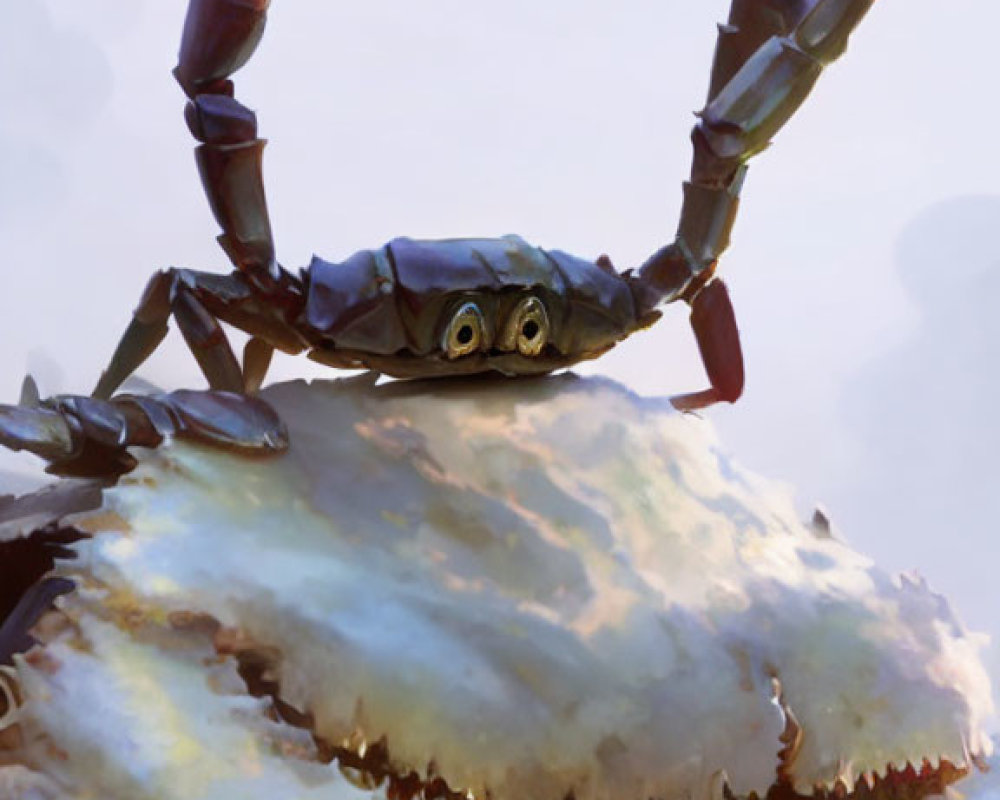 Stylized crab digital illustration on rock under overcast sky