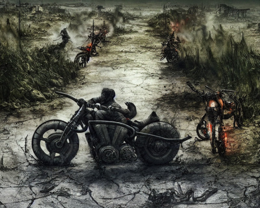 Desolate post-apocalyptic scene with person and motorcycles in war-torn landscape