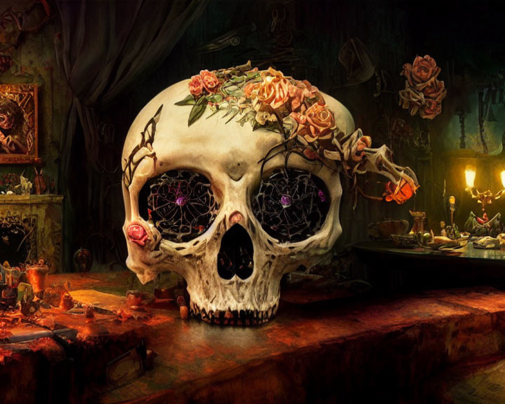 Decorated skull with flower adornments in mystical candlelit room