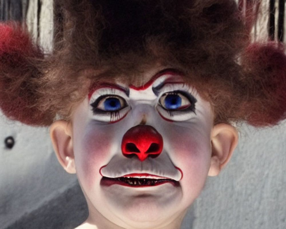 Child with clown makeup, curly hair, red nose, and puzzled look