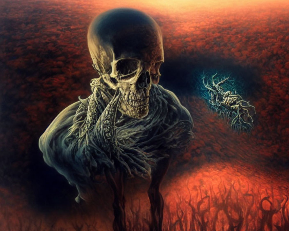 Surreal skull-headed figure with blue flame in red foliage landscape