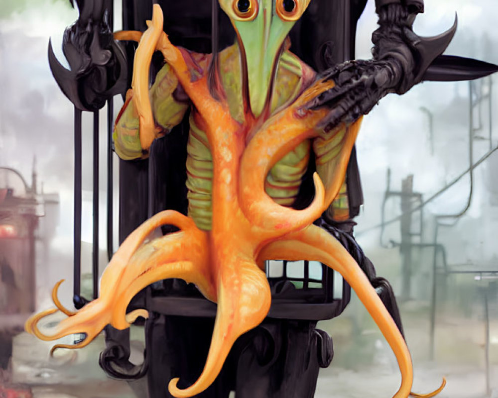 Orange Octopus in Humanoid Mech Suit in Industrial Setting