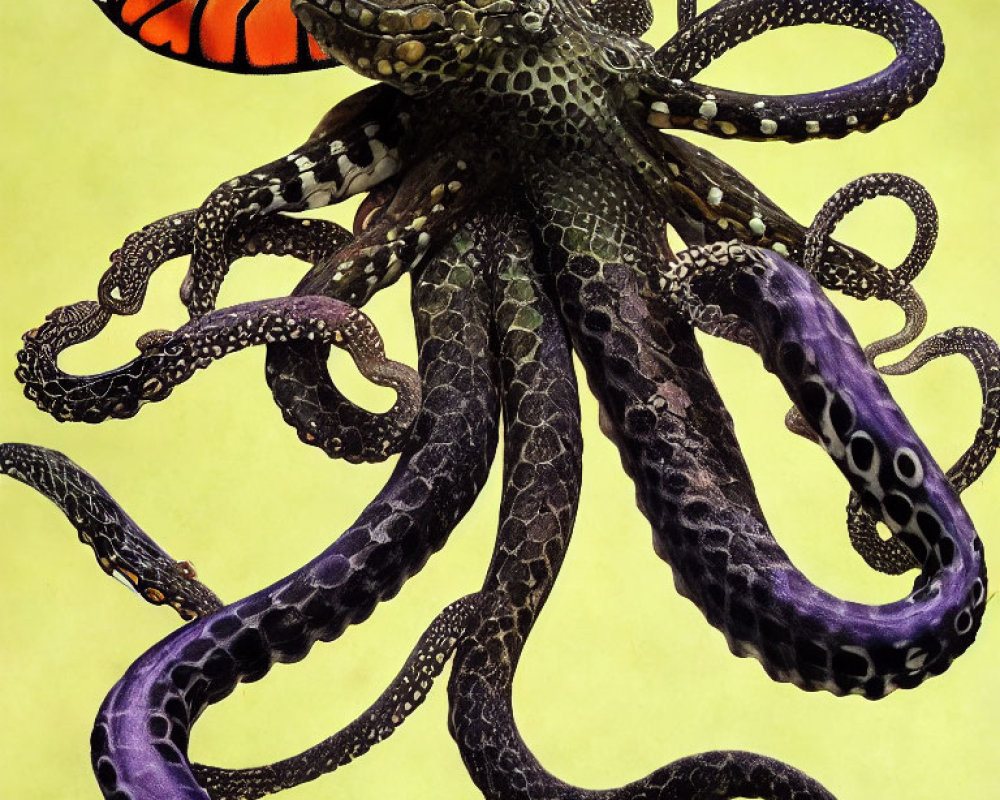 Detailed Digital Octopus with Purple Suckers and Butterfly Companion