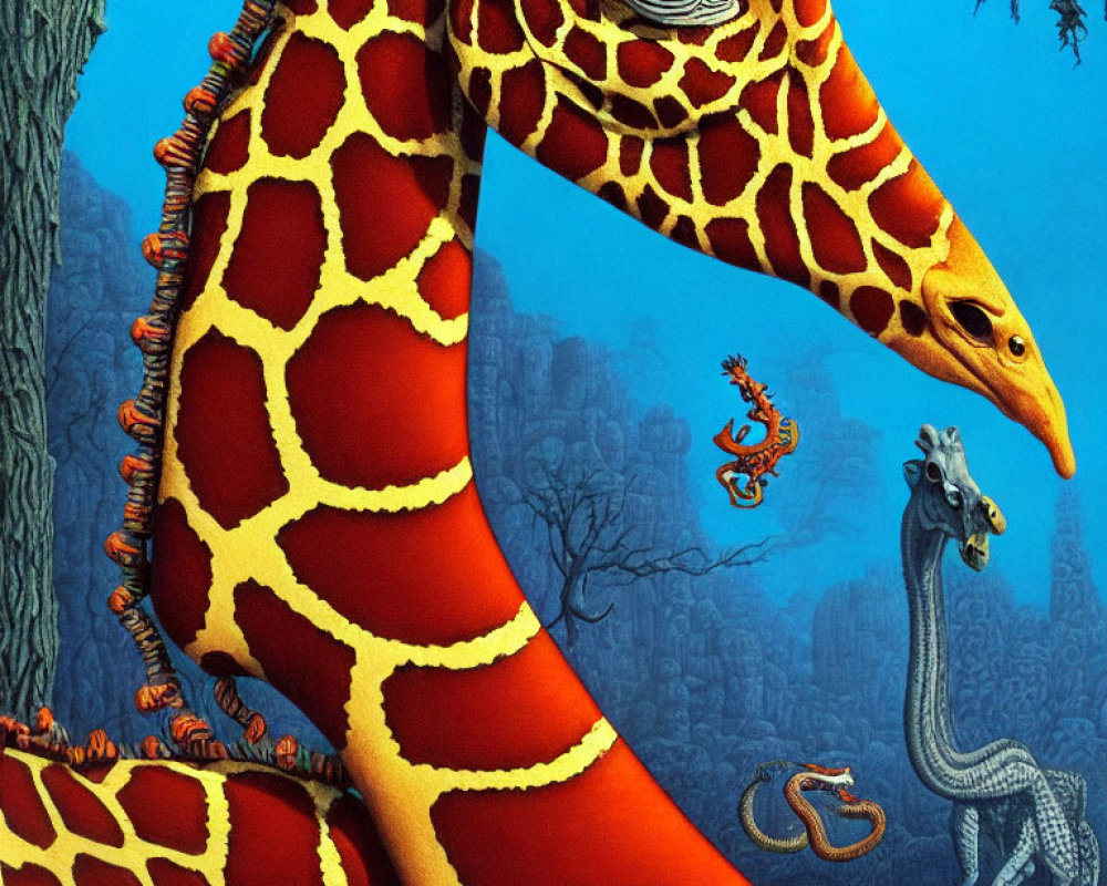 Colorful Giraffe Close-Up with Intricate Patterns and Whimsical Creatures