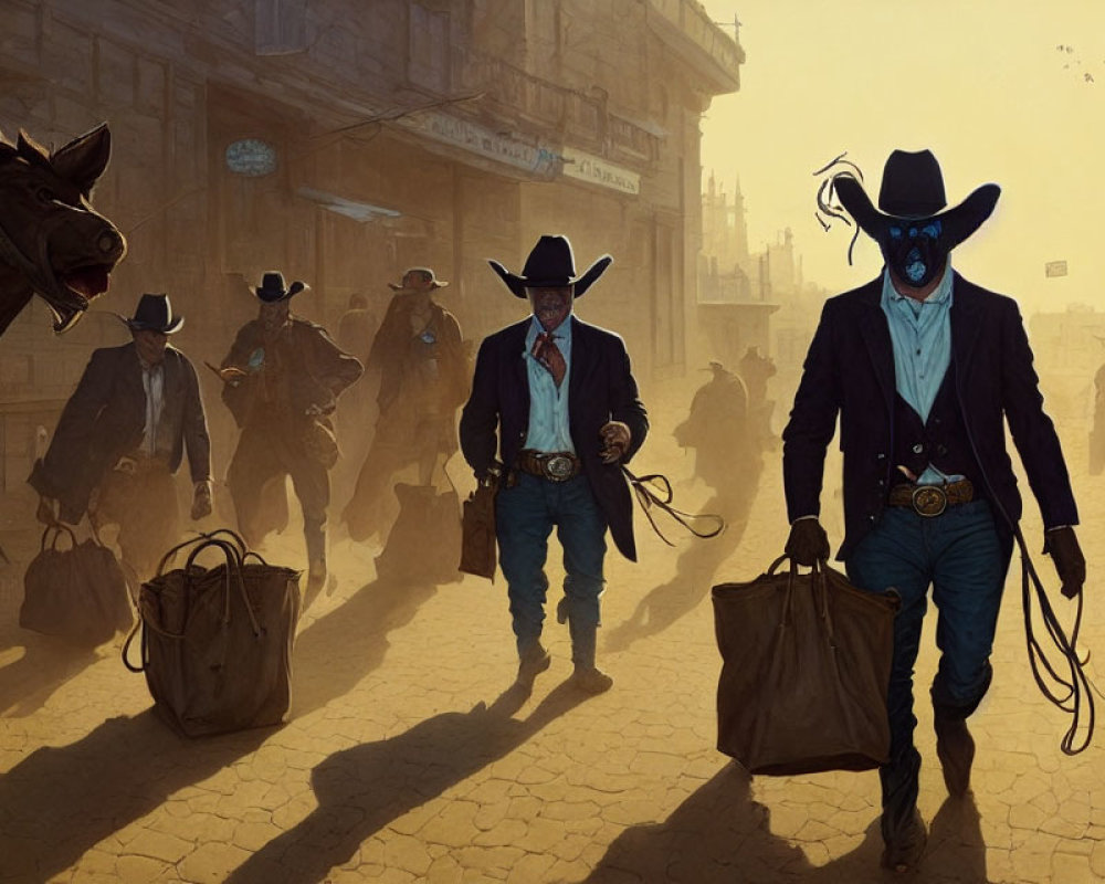 Cowboys in Western town with blue skull mask, horses, and bystanders