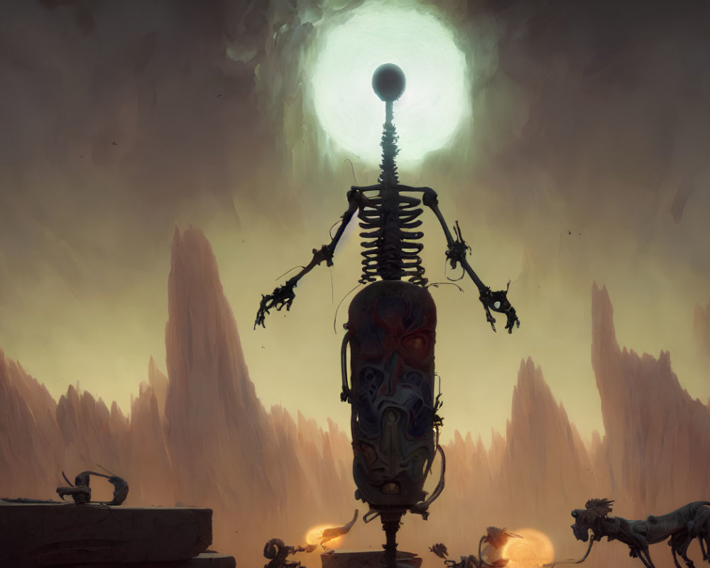 Robotic skeleton under green moon in eerie landscape