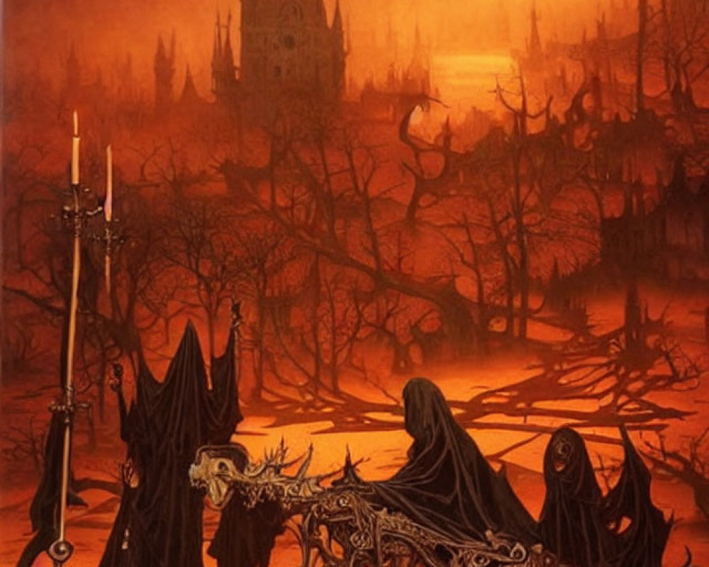 Fantasy scene: robed figures, skeleton horse, gothic cathedral, orange sky